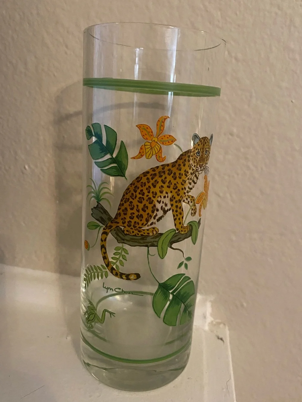 Lynn Chase. Decorative Jaguar Jungle Drinking Tumbler Glass. NWOT.